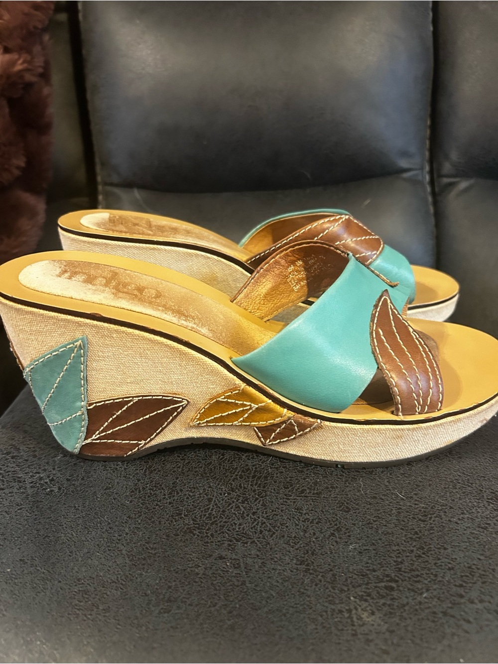 Rare! Indigo by Clark Wedge Slide Sandals in Teal and Brown Size 8